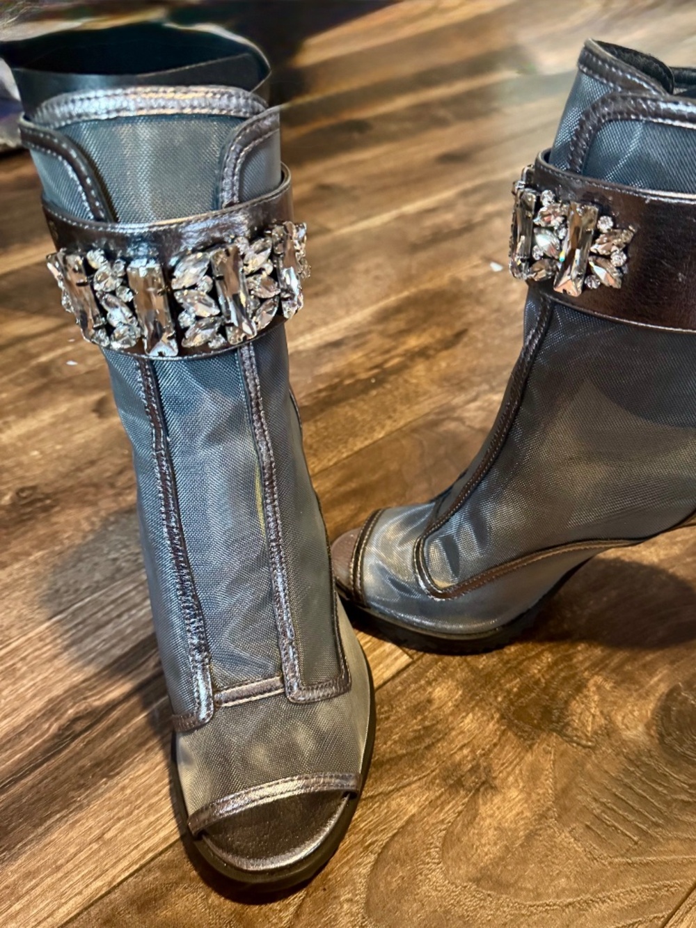 Karl Lagerfeld Grey Mesh Open Toe Chunky Heel Booties